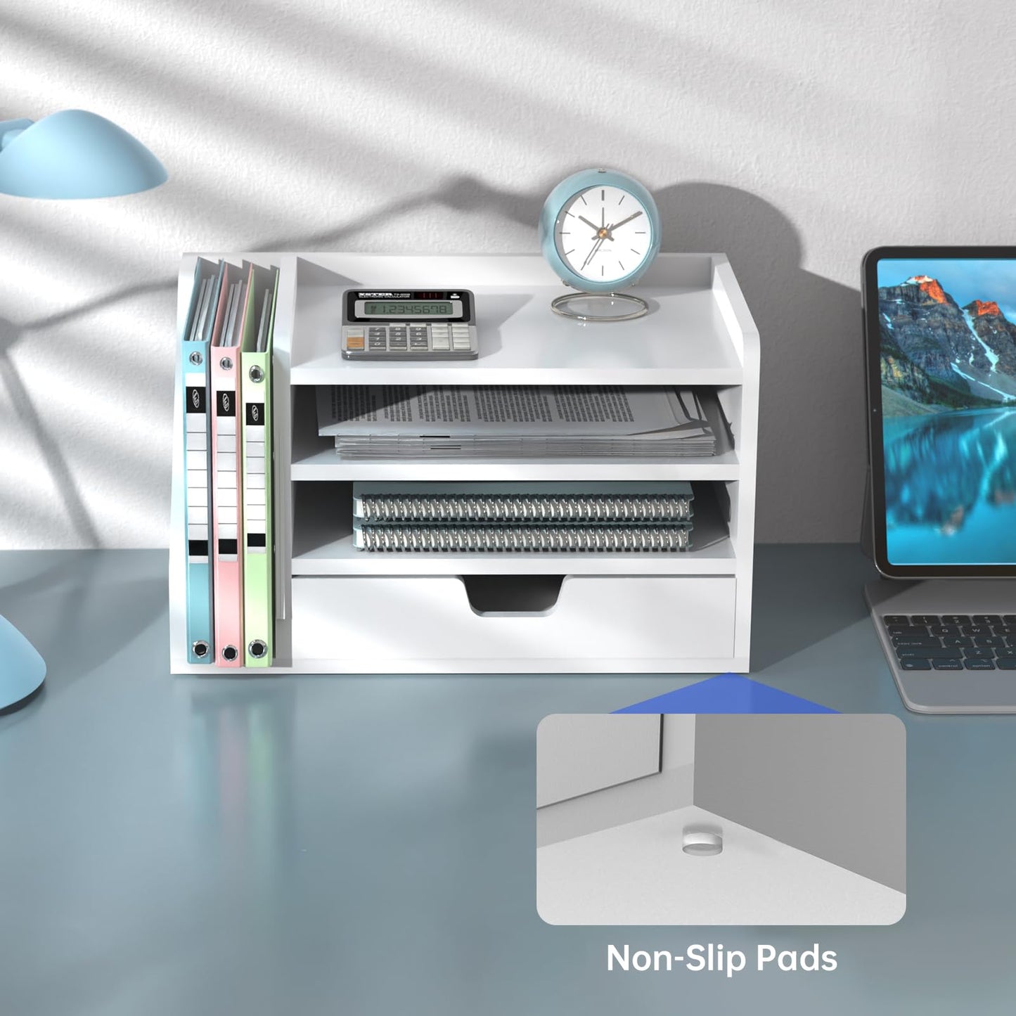 NiOffice Multi-Tier Wood Desk File Organizer with Side File Rack, 3 Tray Shelves & Adjustable Drawer - Space-Efficient Design Easy to Assemble for Efficient Office Setup, Reduces Desk Clutter (White)