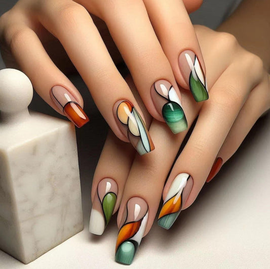 Long Press on Nails Coffin Shape Fake Nails Artistic Line False Nails Full Cover Artificial Acrylic Nails Colorful Acrylic Press Ones Glossy Stick on Nails for Women Spring Summer Manicure Decoration
