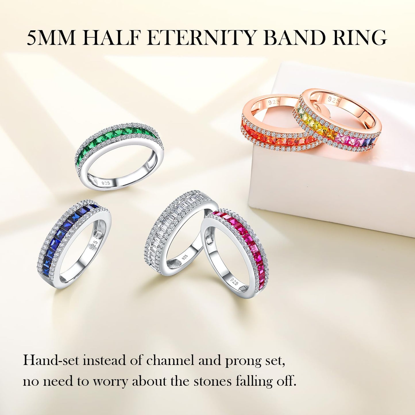 RANDES 925 Sterling Silver Eternity Band Rings for Women Blue Sapphire Wedding Band Channel Set Ring Size 10.5