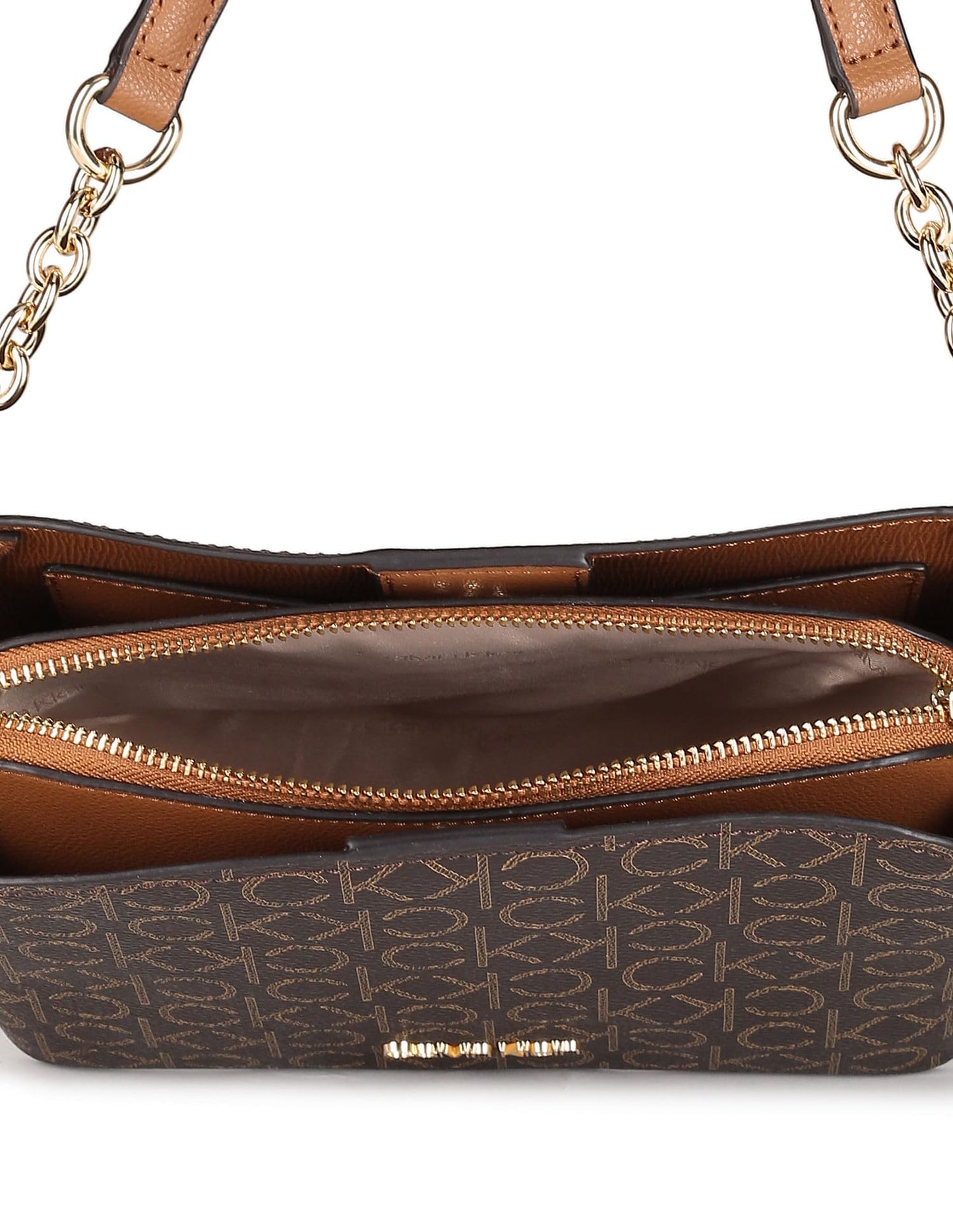 Calvin Klein Women's Hailey Signature Triple Compartment Chain Crossbody, Brown/Khaki/Caramel Linear, One Size