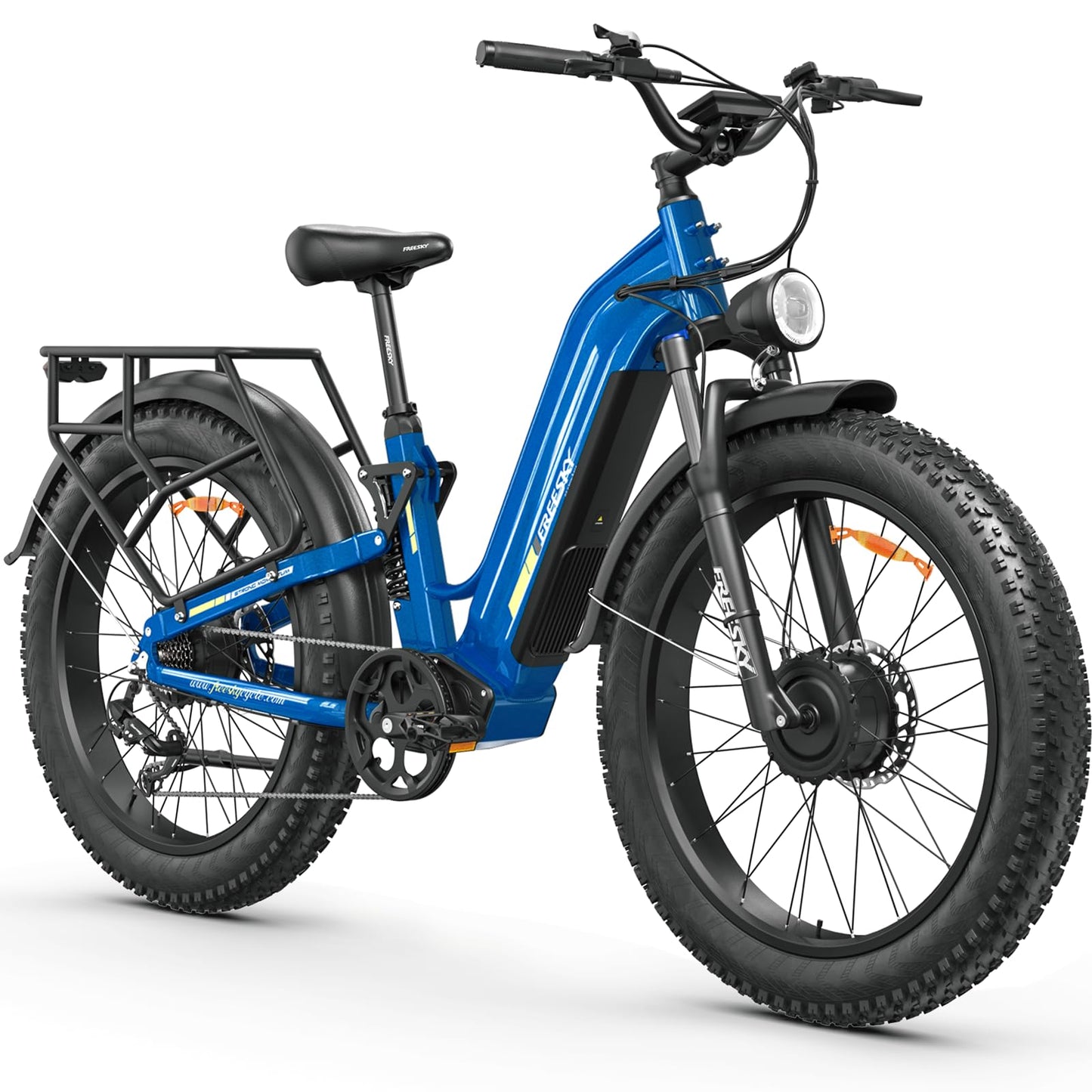FREESKY Dual Motor Electric Bike for Adults 3500W Fast Ebike 105Miles Long Range 48V 25A Electric Mountain Bike 34MPH Dirt E Bike 26'' Fat Tire Full Suspension Electric Bicycle for Women/Man Blue