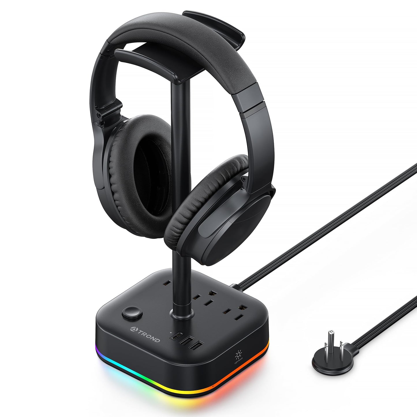 TROND Headphone Stand with USB C, Desk Gaming Headset Holder with 3 AC Outlets, 2 USB-A and 1 USB-C, Headset Stand with 5 RGB Light Modes, for Gaming Desk Accessories Gamer Boyfriend Gifts