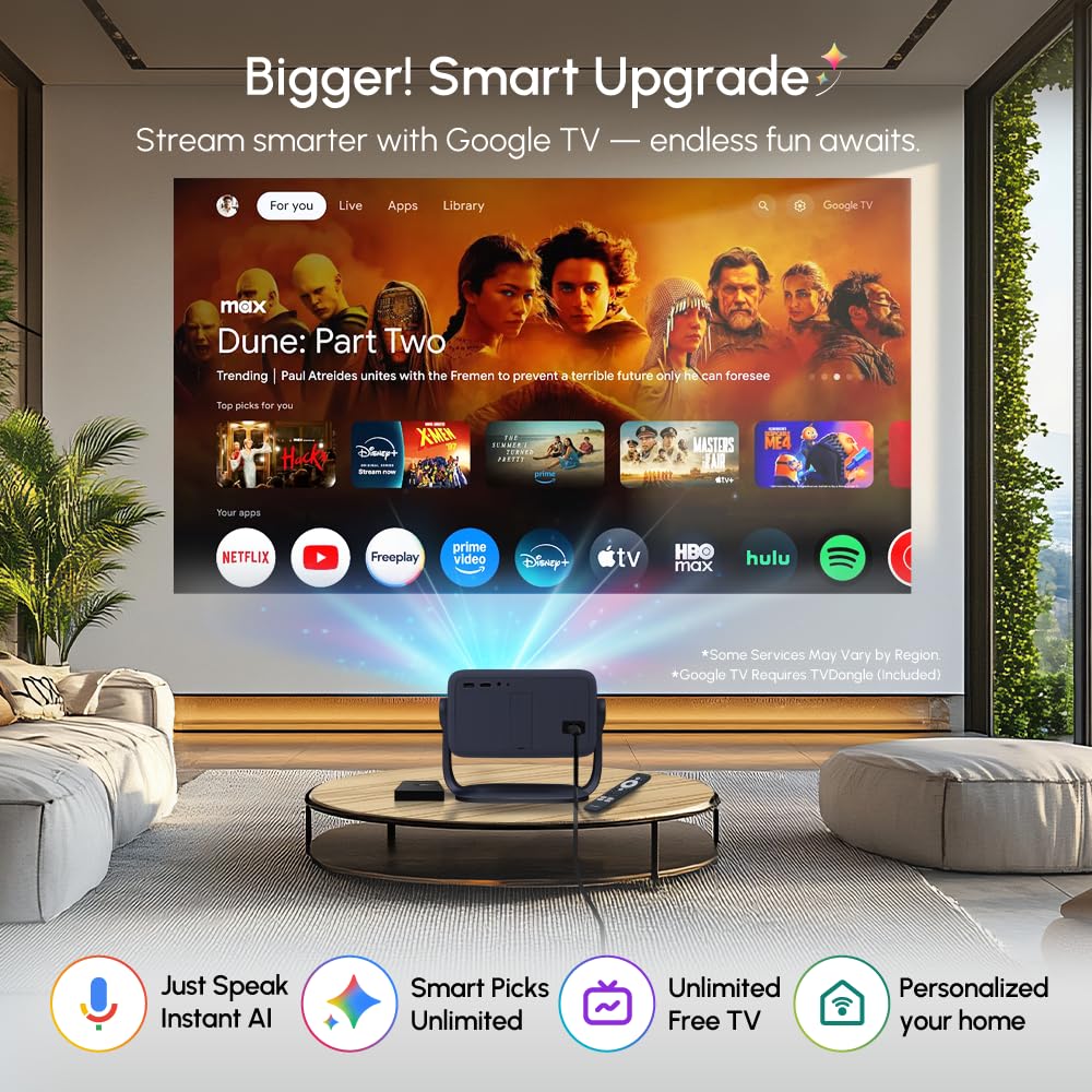 RockTek PJ400 Official Licensed Google TV Dongle Box Smart Projector 4K Supported, Native 1080P, Netflix Disney+, Mini Portable Home Theater Projector with WiFi 6 Bluetooth, Auto Focus/Keystone, HDMI