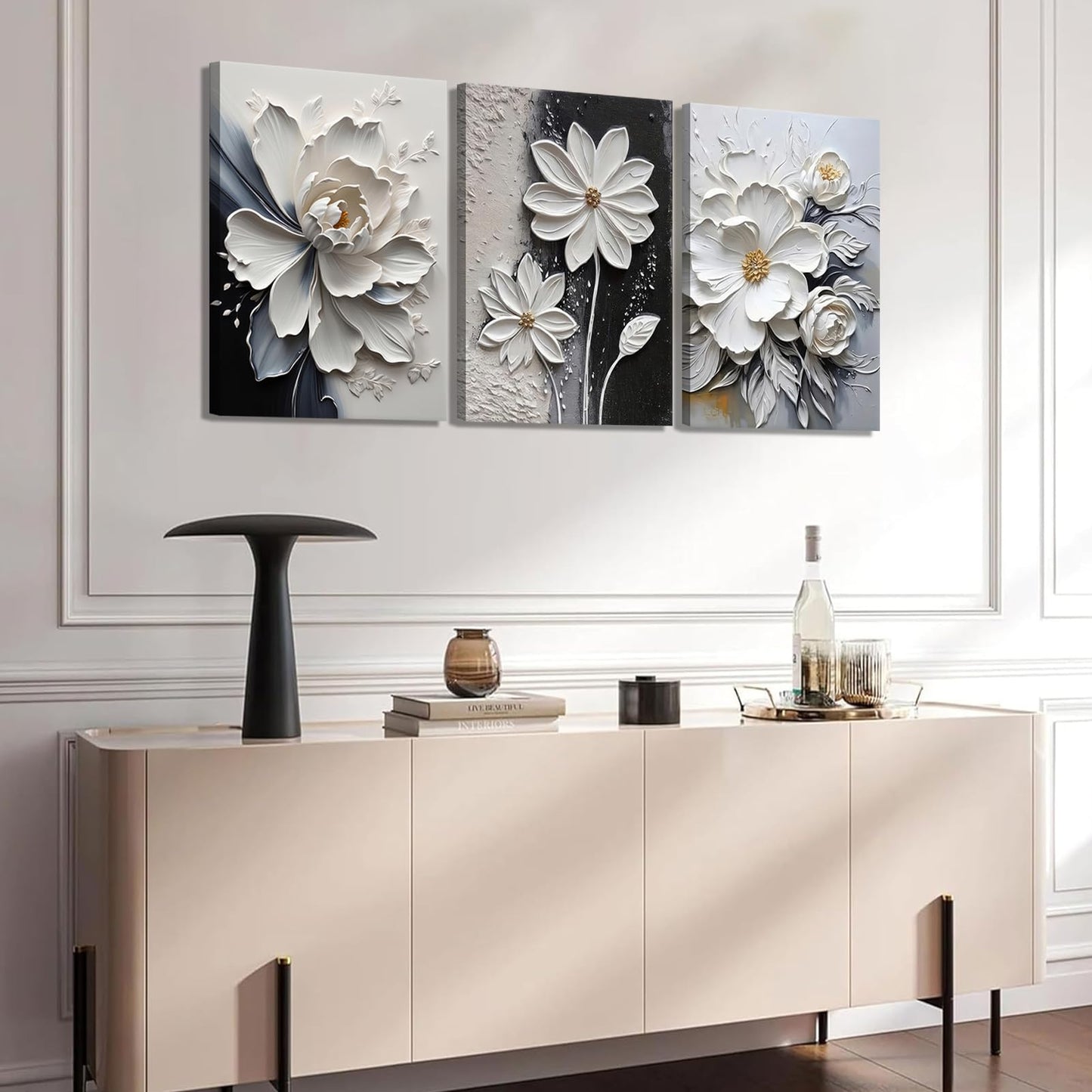 3Pcs Modern Abstract Floral Canvas Wall Art White and Black Flowers Wall Decor Pictures Elegant Daisy Poster Print Paintings for Office Living Room Bedroom Bathroom Home Decoration 12"x16"