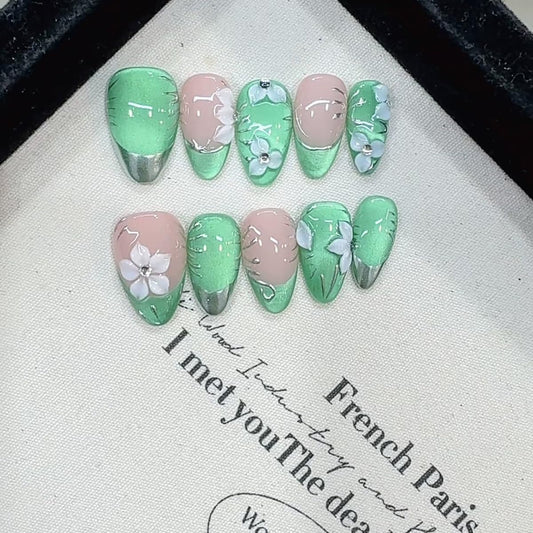 Handmade Press on Nails Almond Medium Fake Nails Green French Tip with 3D Flower Designs Cat's Eye luxury Glossy Cute Acrylic Nails for Women 10pcs (Size M）