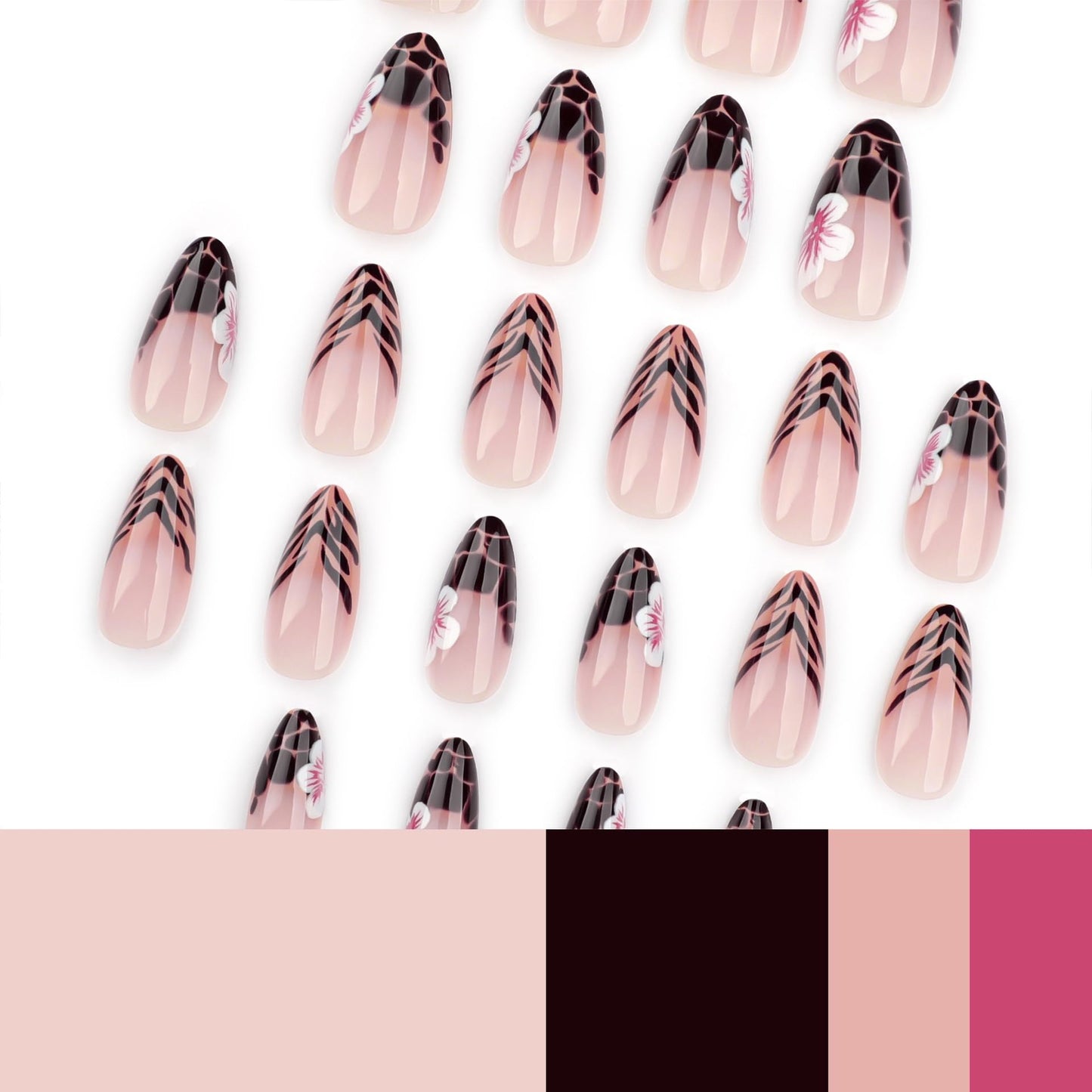 French Tip Almond Brown Leopard Print Flower Design Glue On Full Cover Stick On 24Pcs Fall Acrylic Nails for Women Manicure