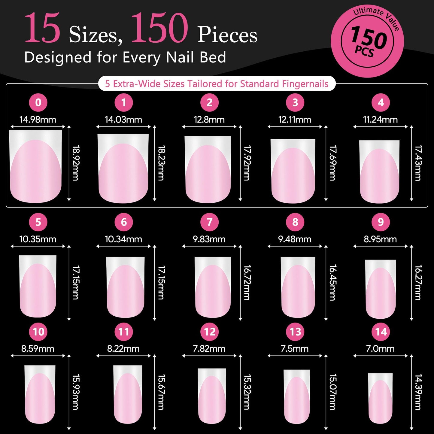Qiek French Tips Press On Nails - 150Pcs Light Pink Short Square Soft Gel Nail Tips Pre-Designed, 15 Sizes Fake Nails for Nail Art DIY, False Nails Salon Quality Manicure at Home Gifts For Women