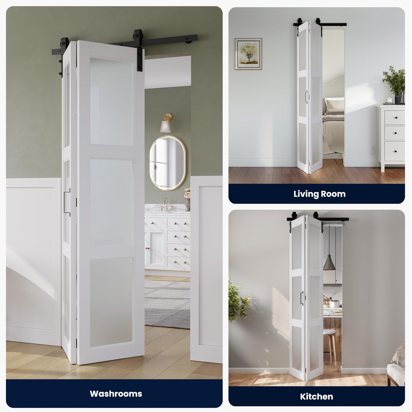SMARTSTANDARD 80in x 84in Bifold Barn Door, Frosted Glass Barn Door with Hardware Kit Included, Pre-Drilled Holes Easy Assembly -Solid Barn Doors Slab Covered with Water-Proof PVC Surface, White