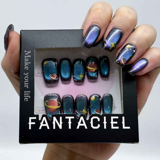 FANTACIEL 10 PCS Handemade Press On Nails Cat Eye Happy Planet Design Reusable Square Fake Nails (Happy Planet M, M)