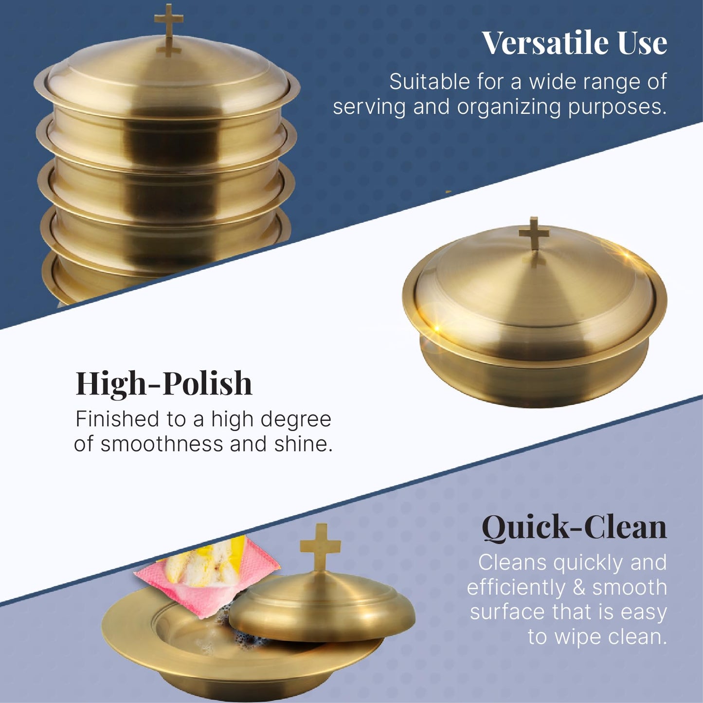 Mayur Exports Communion Ware 2 Holy Wine Serving Trays with A Lid & 1 Stacking Bread Plate with A Lid - Stainless Steel (Brass/Gold)