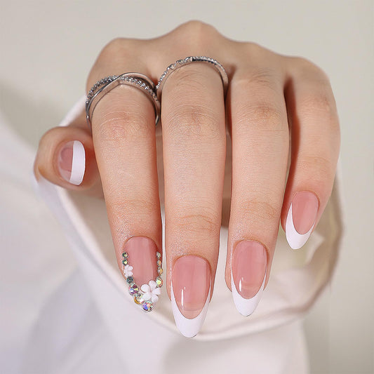 FJSMTOPl 3D Flower Press on Nails Almond Fake Nails Press ons French Tip False Nails with Desgins Rhinestones Acrylic Glue on Nails Artificial Stick on Nail for Women Manicure 24Pcs