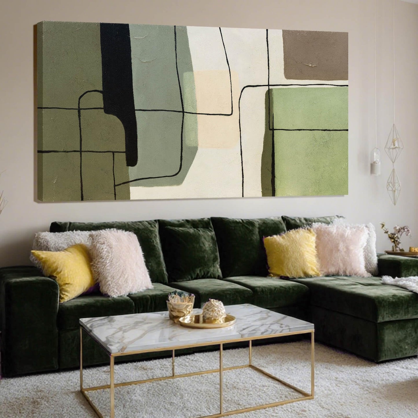 ZENPEE Green Modern Wall Art and White Canvas Art, Large Abstract Wall Art for Office, Dining Room, Bedroom, or Living Room, 29" x 58"