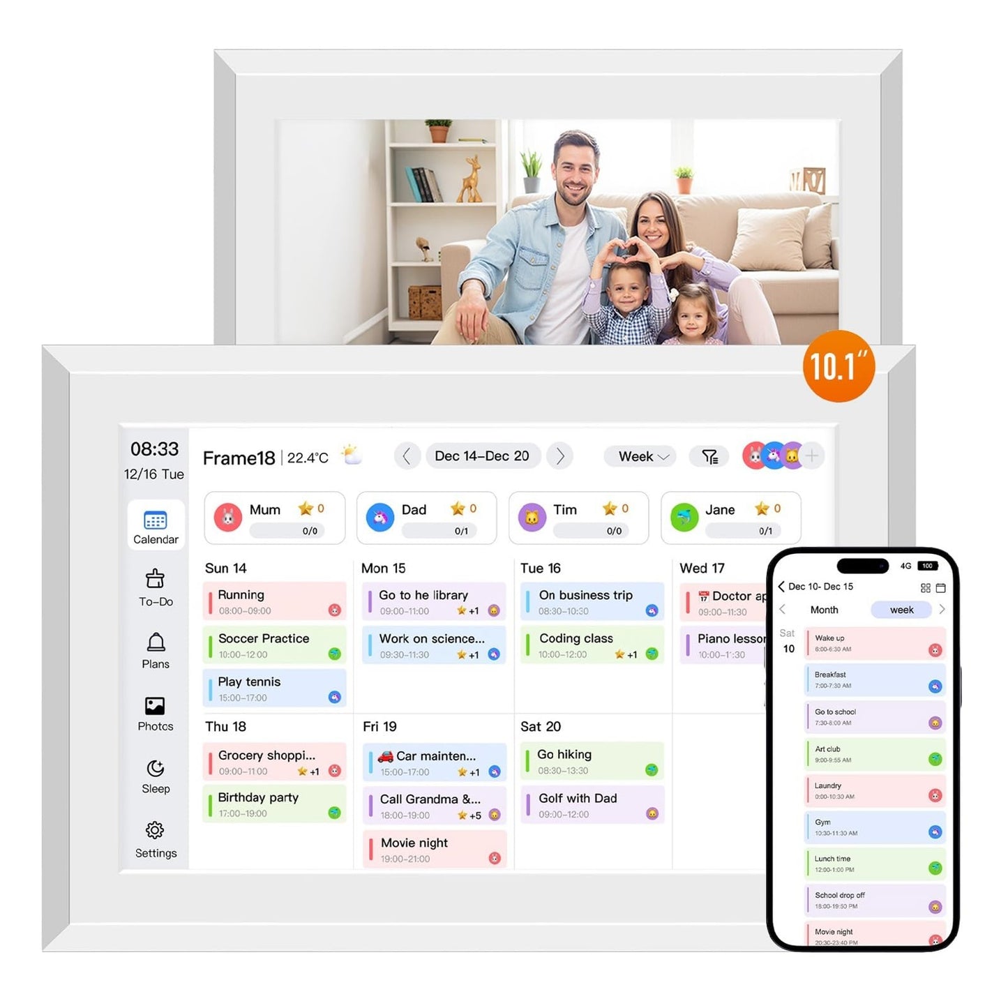 10.1" Smart Digital Calendar and Cloud Photo Frame Wall Planner with Chore Charts Meal Planning 32GB Storage 1280x800P IPS Touchscreen Desk Calendar Interactive Display for Family Schedules White