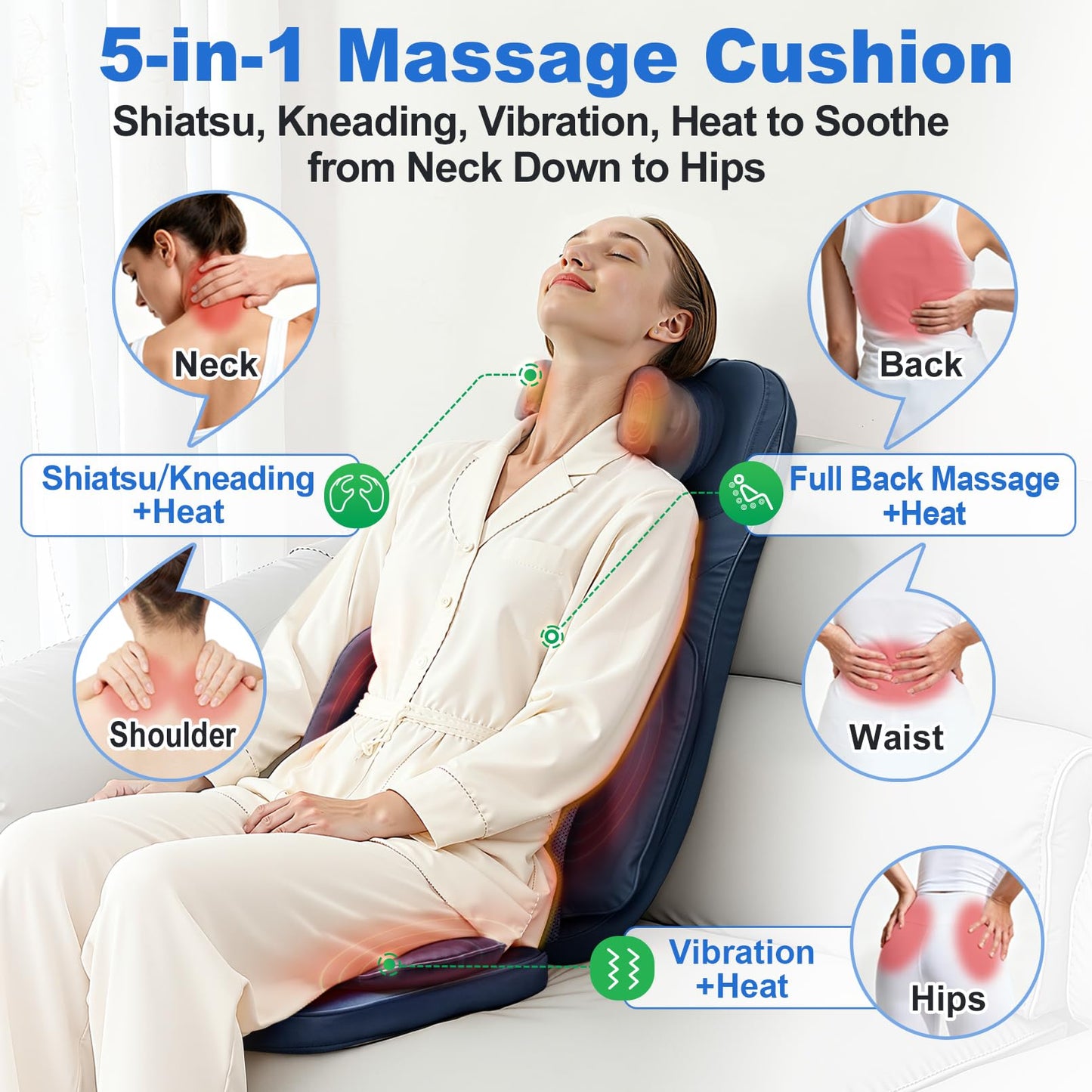 BWPIWPR Shiatsu Massage Cushion for Neck and Back with Heat - 4D Kneading, Vibration for Relief Muscle Tension, Dual-Neck Design, Adjustable Intensity and Height for Office Chair, Home Use, Navy Blue