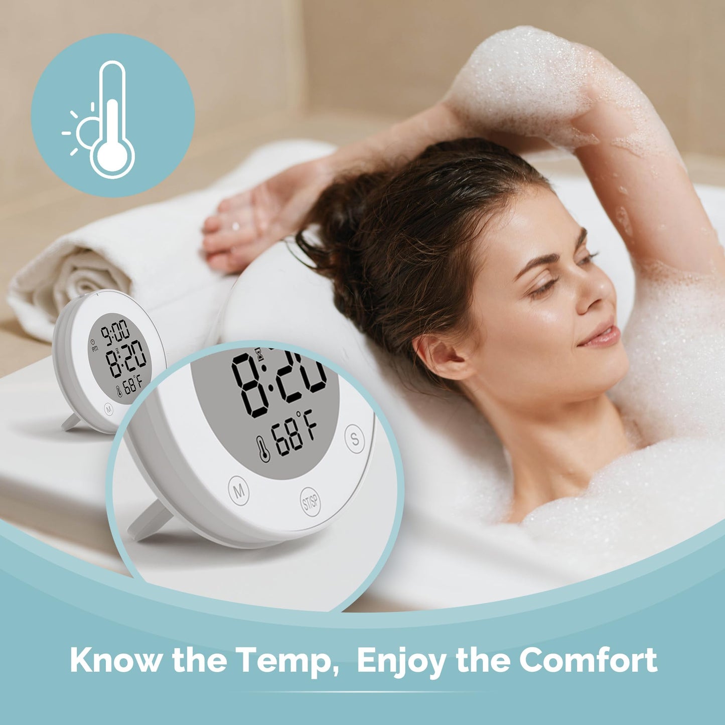 KADAMS Shower Timer Clock Waterproof Bathroom Timer – Digital Wall Clock with Countup Countdown, Magnetic Kitchen ClockTimer with Temperature, Suction Cup Kids Shower Spa Cook Bath (3.54, Pearl White)