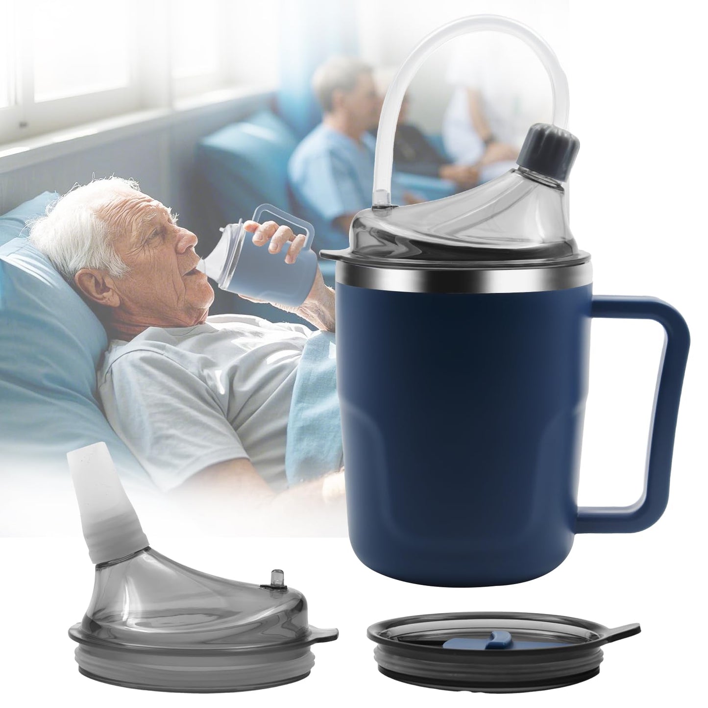 ACUDUDOMA Adult Spill Proof Cup for Elderly, 3 in 1 Stainless Steel Sippy Cup with Straw and 2 Lids, Suitable for Seniors Disabled Patients Limited Mobility, 14 OZ