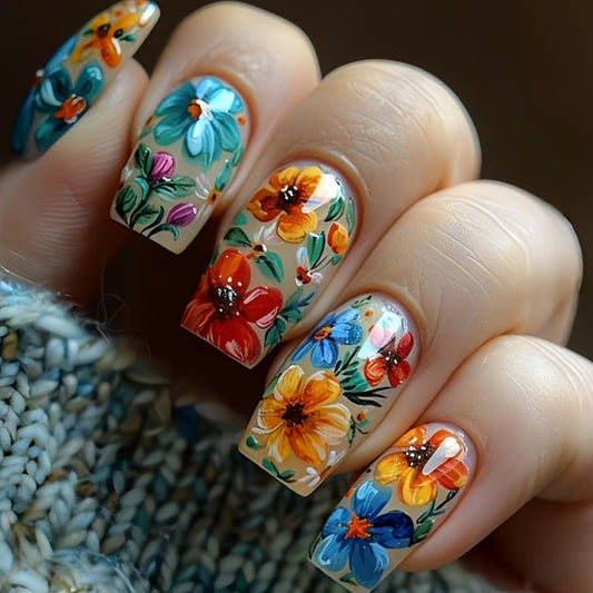 Flower Press on Nails Medium Length Spring Fake Nails Square Nails Colorful Floral Pattern Design Full Cover Glossy Acrylic Nails Artificial Coffin Nails Flower Stick on Nails Glue on Nails for Women