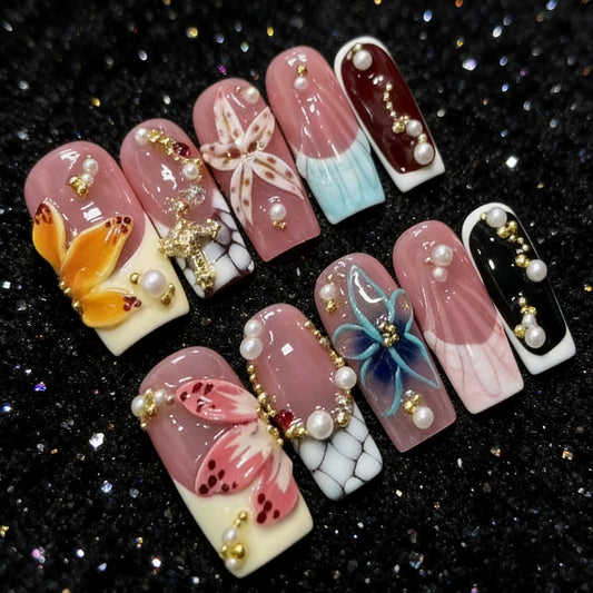 Floral Handmade Medium Square Press on Nails Nude Base Colorful 3D Floral Accents Pearl Chain Details Glossy Finish Reusable Spring Nails Easy Apply Party Durable Trendy Women Girls Nail Art 24 Pcs（M）