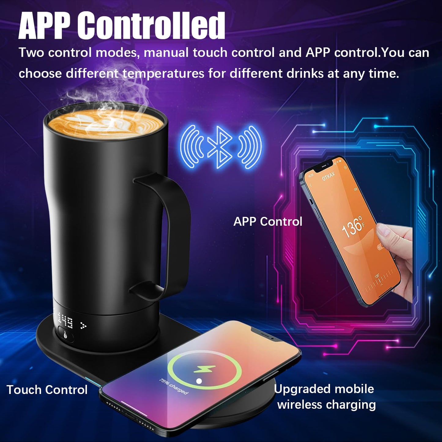 LEGARDLILIU Smart Self Heating Coffee Mug 18 Oz Temperature Control Heated Coffee Mug App Controlled Warmer Mug 5-10 Hour LED Display Keep Coffee Hot All Day Fast Wireless Charger Base Dull Black