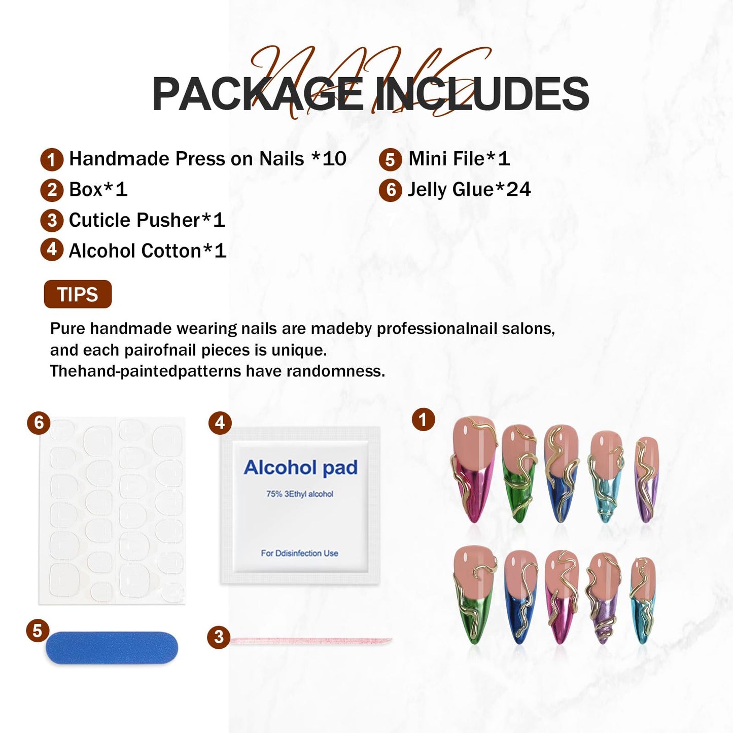 HOMSERA Handmade Long Pointed Fake Nails,10Pcs Medium Length Press on Nails French Snake Design Glossy Acrylic Nails 3D Swirl Design Nails Full Cover Artificial Nails for Women and Girls