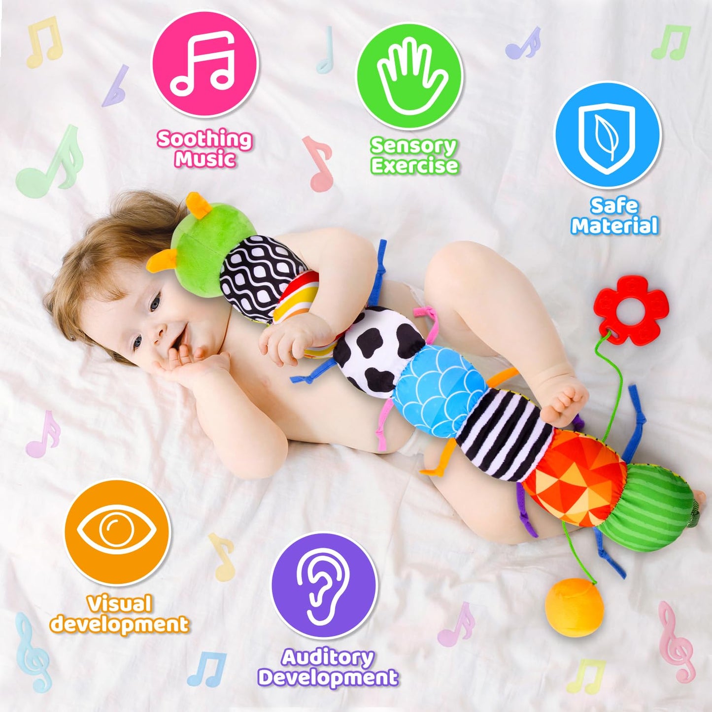 Vpkefla Baby Toys 0 to 12 Months, Stuffed Animal Infant Tummy Time Toys Sensory Toys with Crinkle, Rattles, Textures and Mirror Gifts for Newborn Boy Girls Toddlers, Caterpillar Musical Toy (Green)