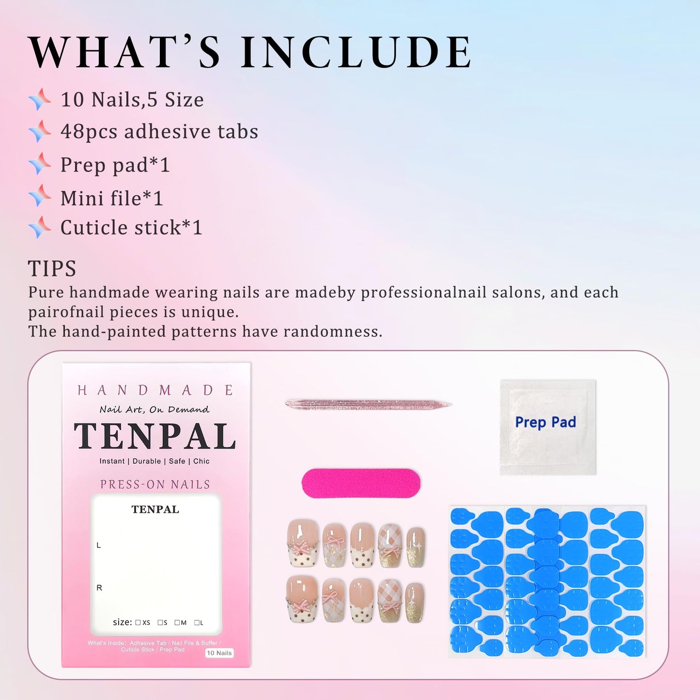 TENPAL 10Pcs Y2K Short Medium Coffin Press On Nails With Tools Kit,Light Pink Cat Eye French Fake Nails with Dot Bow Plaid Pattern,K-Beauty Acrylic Glue on Nails for Wedding Party Daily Wear(L)