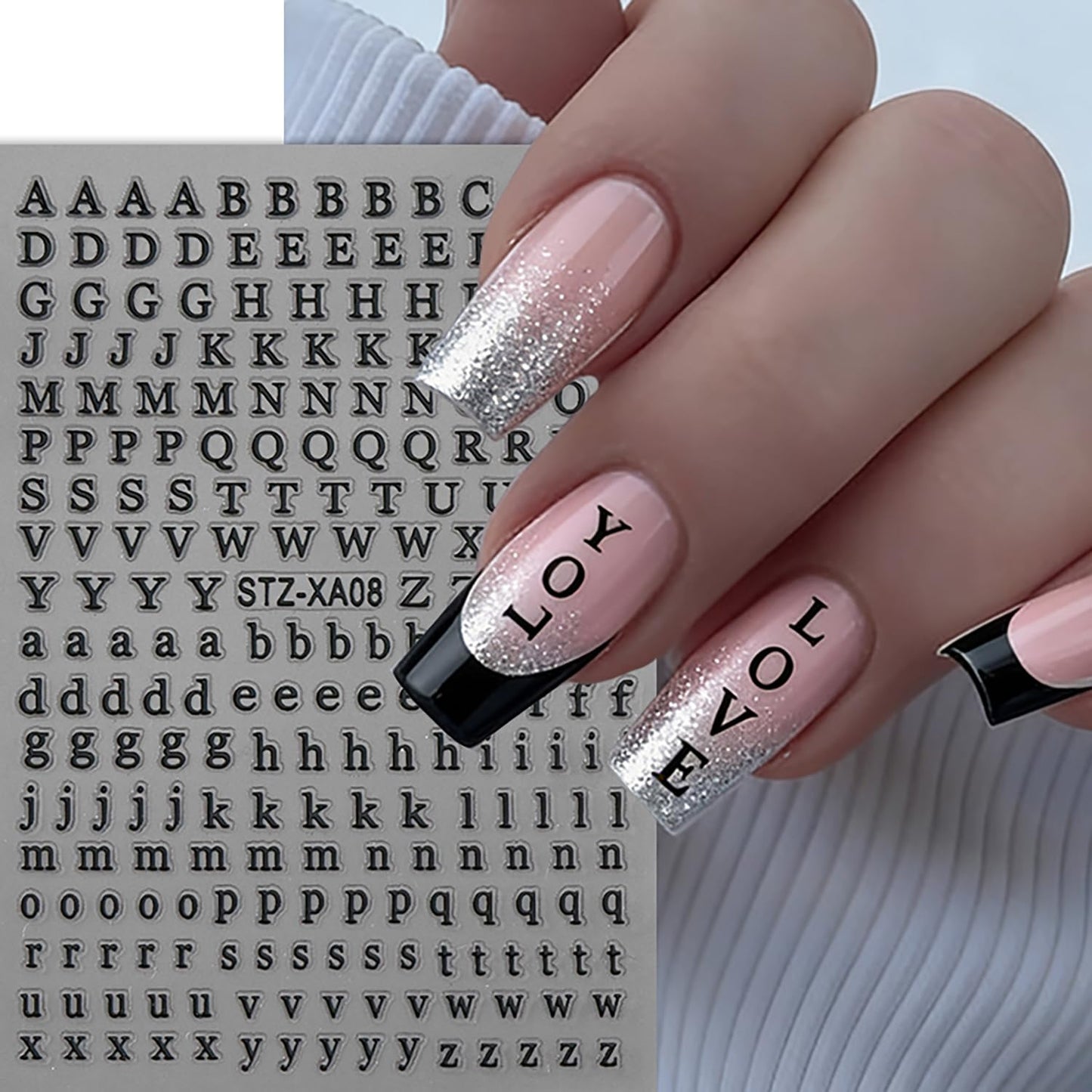 8 Sheets Letter Nail Stickers 3D Self-Adhesive English Alphabet Nail Decals Black White Gold Red Nail Stickers for Women Manicure Decorations