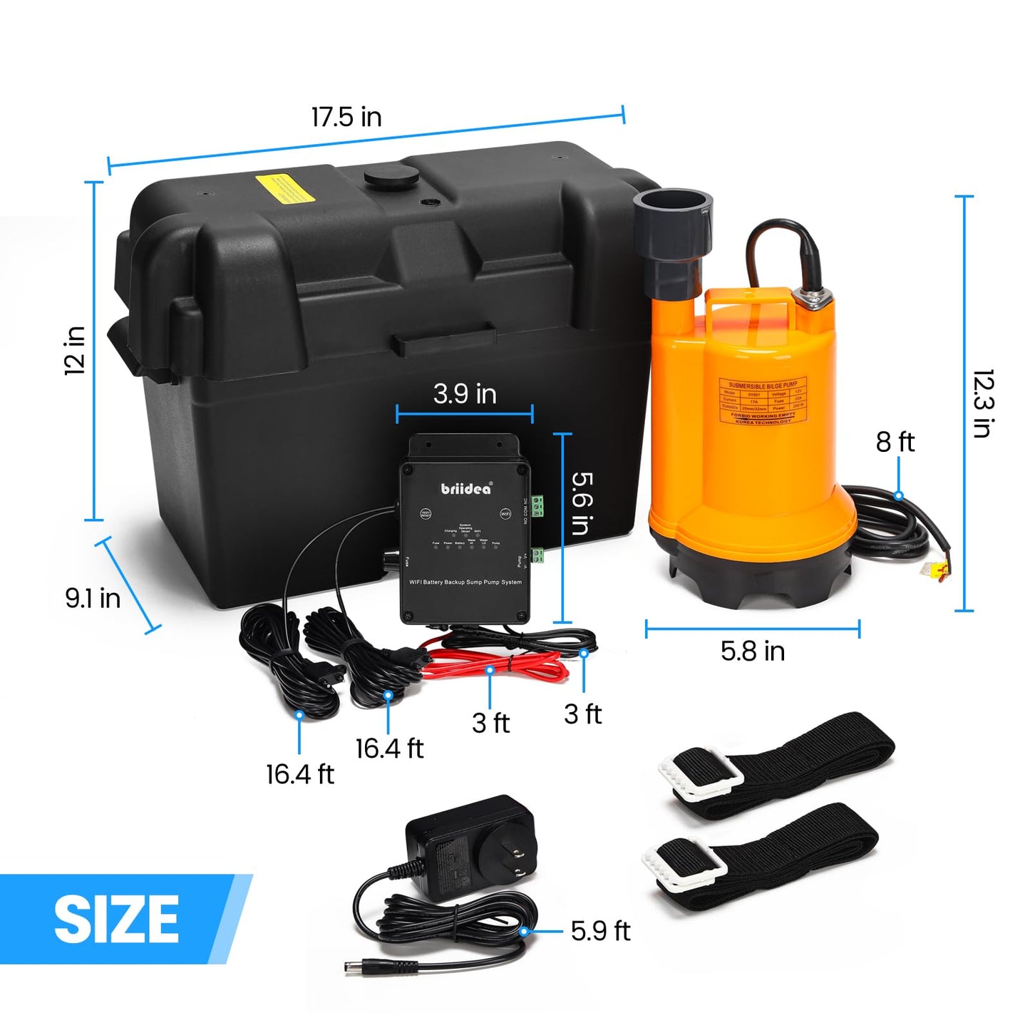 Briidea Battery Backup Sump Pump System for Basement, 2.4G & 5G WiFi, 9 LED Indicators, Smart Alarm, Electronic Water Level Sensor, 12V Battery Compatible (Battery Not Included)