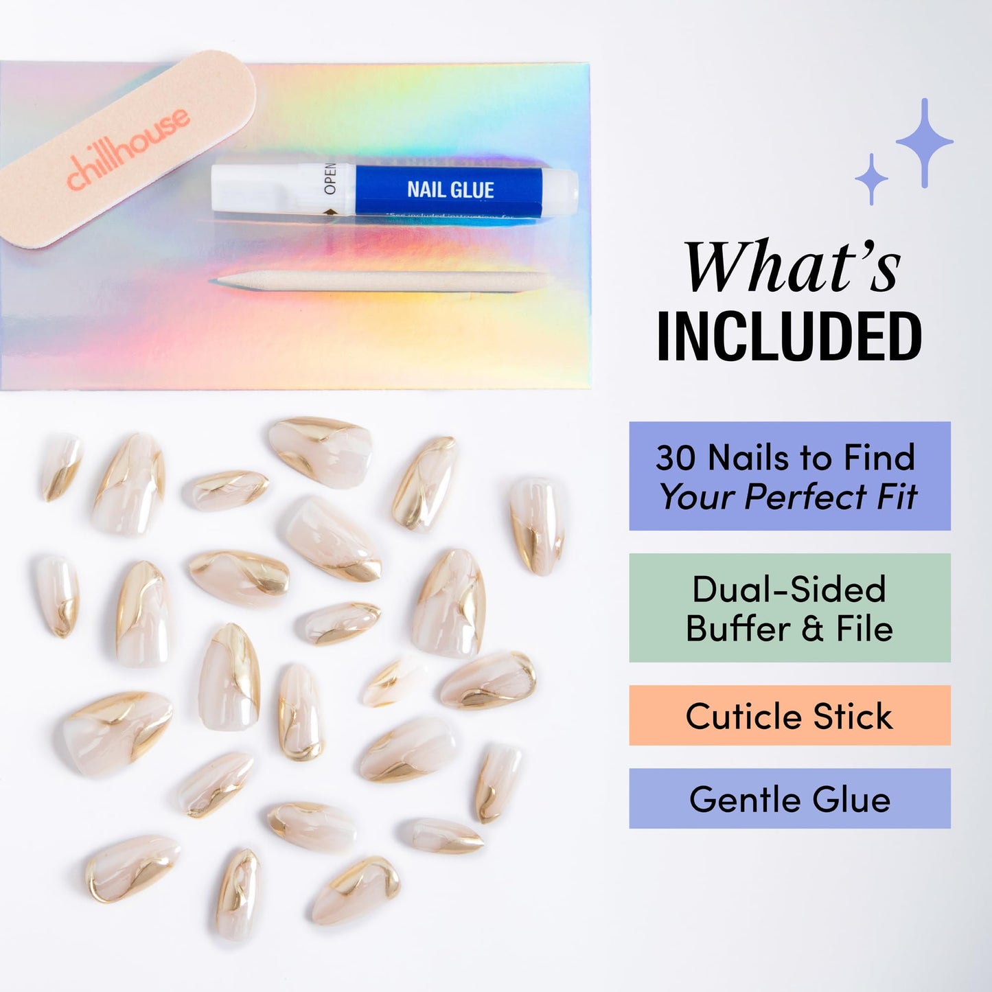 Chillhouse - Chill Tips, Press on Nails Kit - Here Comes The Gold (Oval) - 30 Nail Shapes & Sizes - Up to 2 Weeks of Wear - Customizable - Reusable - Latina Founded, Women Owned - Beauty, Self Care