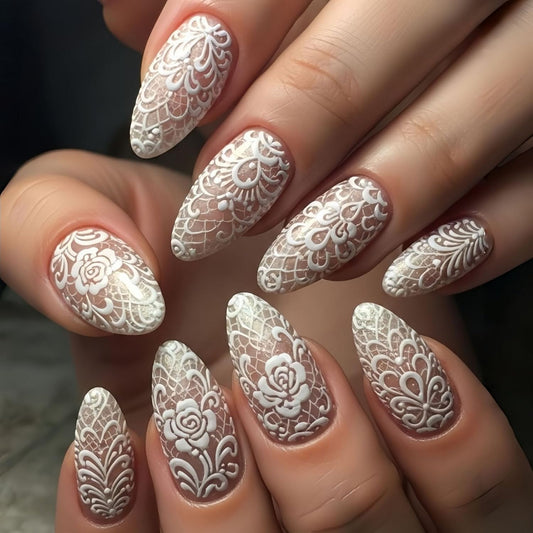 24pcs Almond Press on Nail Medium Length Fake Nails Full Cover White Lace with Flower designs Stick on Nail Glossy Fashion Press ones Spring Summer Glue on Nails for Women False Nails