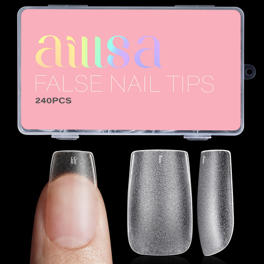 AILLSA Short Square Nail Tips 15 Sizes 240pcs Full Cover Gel Tips Double Matte No Need Base Coat Fake Soft Nail Tips for Press On Nail Extension