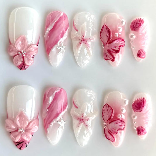 24Pcs Flowers Press on Nails Medium Almond Fake Nails 3D Cute Flower Nail with Pearl Bead Charms Design French Tip False Nails False Nails Spring Floral Glue on Nails Acrylic Nail for Women DIY