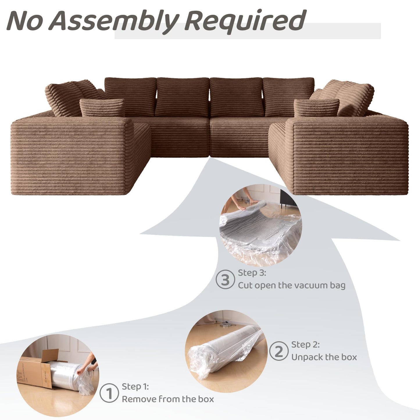 WJShome 134” Modular Sectional Cloud Couches, Upholstered Deep Seat Boneless Sofa for Living Room, Aprartment, No Assembly Required, Brown