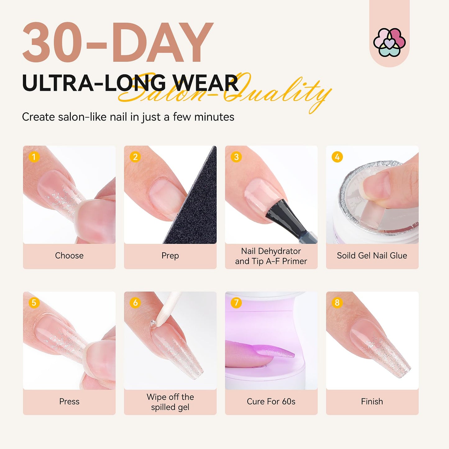 SAVILAND Silver Shiny Press On Nails Starter Kit: Pre-Designed Long-Wear Fake Nails Gel Nail Kit Press Ons 100% Acrylic Tips U V Nail Light Cured GEL Nail Glue False Nails DIY Art Set