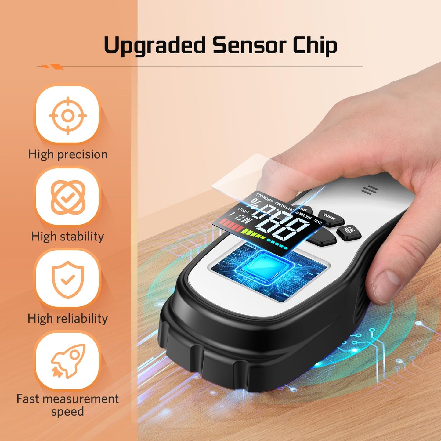 Pinless Wood Moisture Meter Detection - Firewood Moisture Meter Digital Moisture Detector for Lumber Drywall Firewood Masonry Woodworking Plaster Floor Concrete Building with LCD Display Sound Alarm