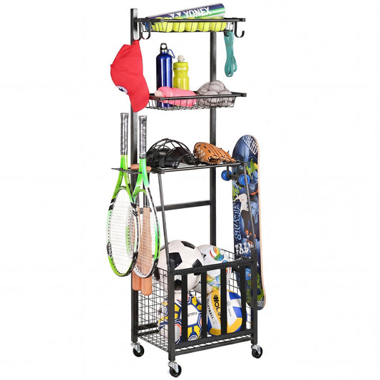 PLKOW Alloy Steel Sports Equipment Storage, Indoor/Outdoor Sports Rack, Ball Storage Organizer with Basket and Hooks For Toy/Sports Gear for Garage