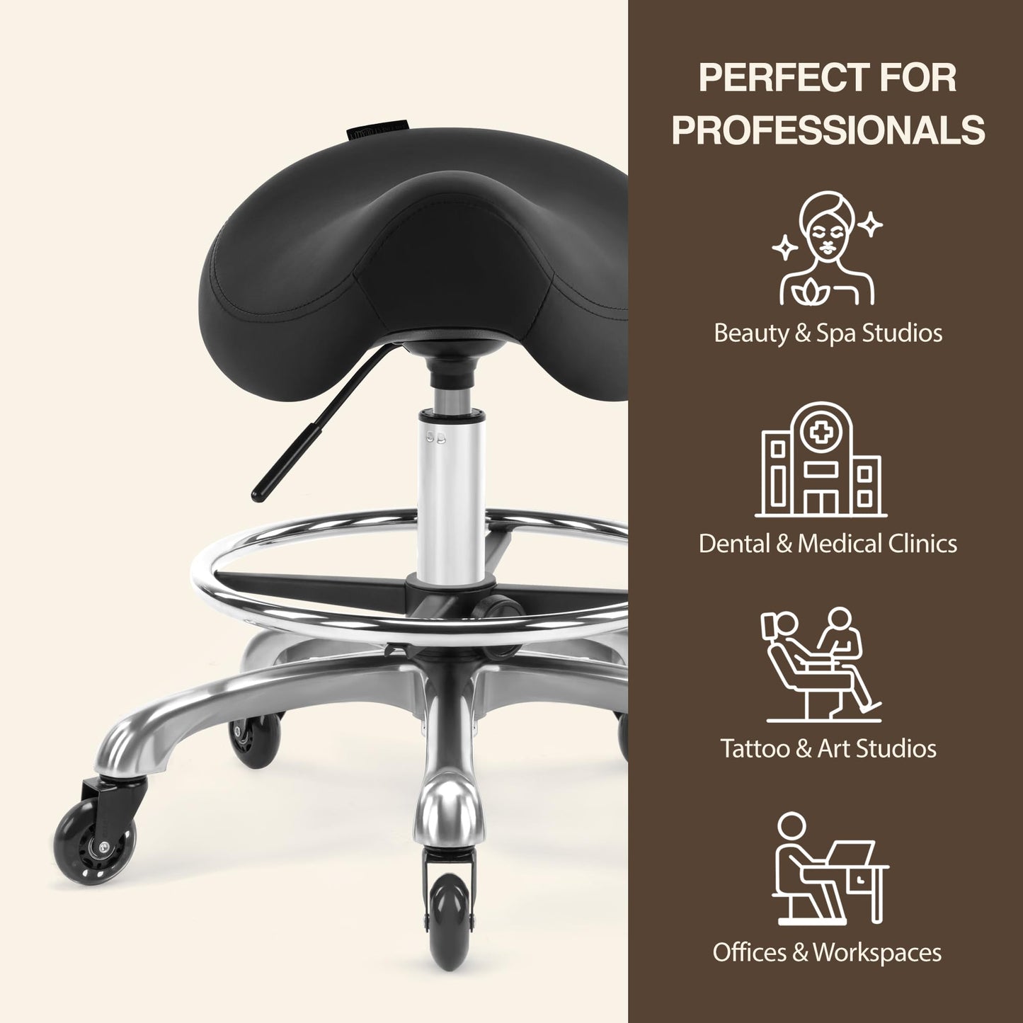 DR.LOMILOMI Ergonomic Saddle Stool, Adjustable Pneumatic Swivel Rolling Saddle Seat with Wheels for Hygienic, SPA, Salon, Home and Office, Haku 506 Series