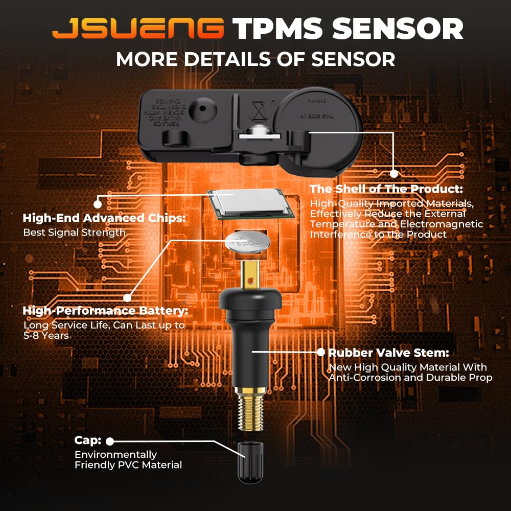 Jsueng TPMS Sensor, GM Tire Pressure Monitoring System Sensor for Buick Cadillac Chevy GMC Pontiac Saturn Hummer Saab Replaces 13586335 13598771 13598772 13581558 315Mhz Set of 4