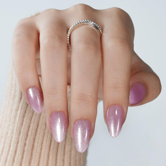Pink Cat Eye Press On Nails Almond - Short Almond Fake Nails with Nail Glue, Pink Cateye Press On Nails Reusable Stick On Nails in 16 Sizes 32 Nail Kit for Women & Girls | Salon Quality