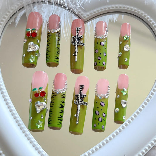 NAIL ANGEL 10PCS/SET Handmade Press on nails Metal Glitter Rhinestone Green Leopard Prints Crystal Cherry Gem Long Coffin Nails Party Nails XXL Long Artifical Tips ZJ-07 (Multi-Color, ZJ07-S)