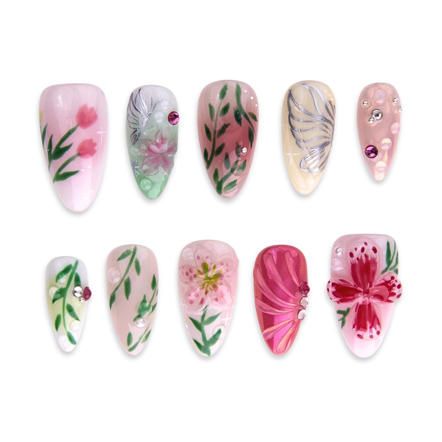 SIYOU Beauty | Radiant Garden | Pink and Green Floral Short Almond Press On Nails for Women (Large) - Reusable, Salon-Quality Fake Nails (10pc)