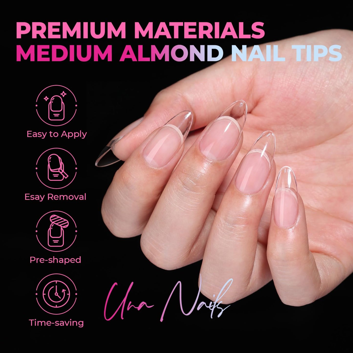 UNA GELLA Almond Nail Tips 360Pcs, 15 Sizes No Filing Needed Soft Gel Medium Almond Nail Tips Clear Full Cover, Pre-Etched Fake Nails, Soak Off Acrylic Extensions for DIY Manicure