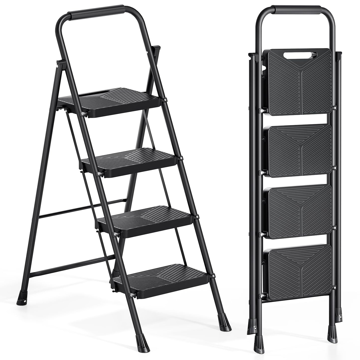 Urackify 4 Step Ladder, Portable Folding Ladder for Multi-Purpose, Home, Kitchen, Heavy Sturdy Steel Step Stool with Handrail, Anti-Slip Wide Pedals, Safe-Lock Design, Pass 500lbs Load Testing, Black