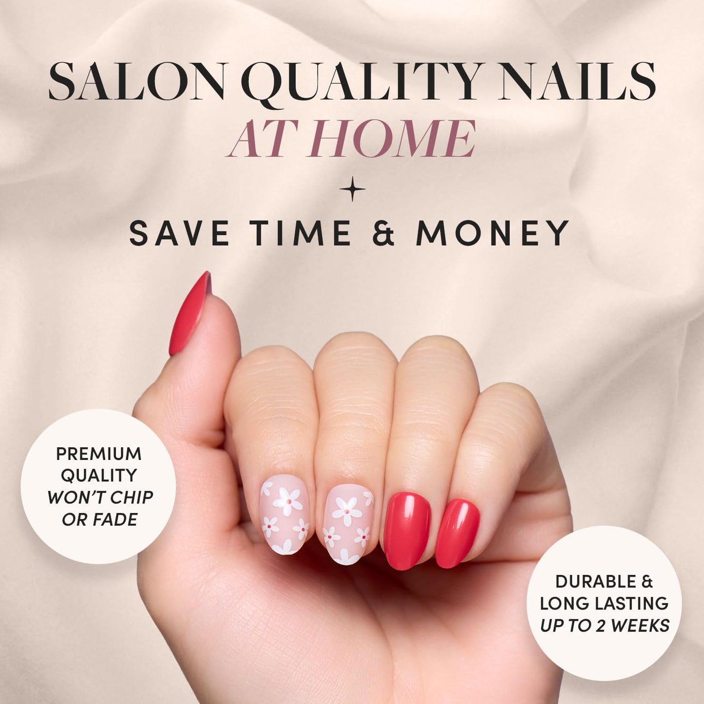 Glamnetic Press-On Nails - Red Blossom | Super Strong Brush On Nail Glue & Nail Adhesive Tabs | Short Oval Fake Nails with Floral Accents | 15 Sizes - 30 Nail Kit with Glue & Nail Tabs