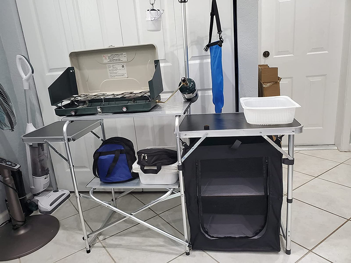 CAMP SOLUTIONS Folding Cooking Table Outdoor Portable Cook Station Aluminum Camping Kitchen with Storage Organizer, Windscreen, Hooks for BBQ, Party (Black)