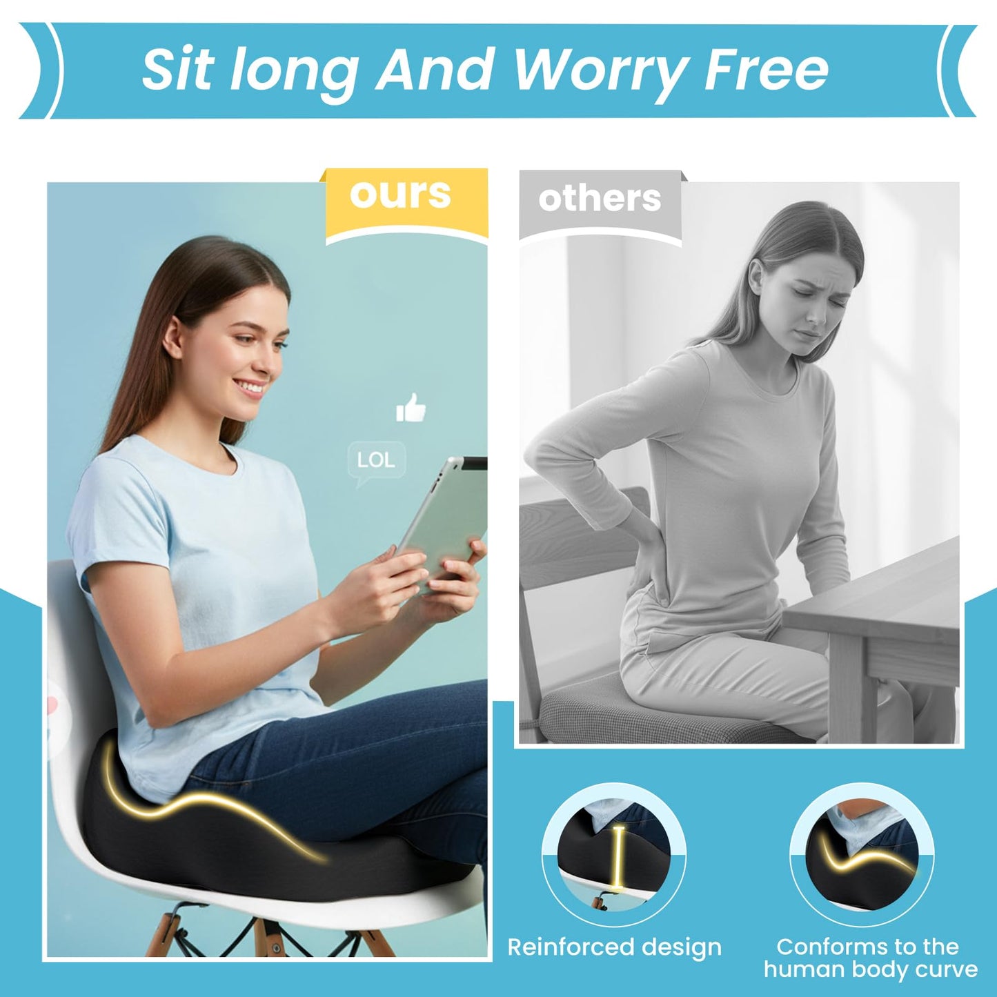 OVRST Memory Foam Seat Cushion，Ergonomic Office Chair Cushion，Coccyx Cushion for Tailbone Pain Relief Butt Pillow for Long Sitting，Suitable for Gaming Chair Car Seat Wheelchair