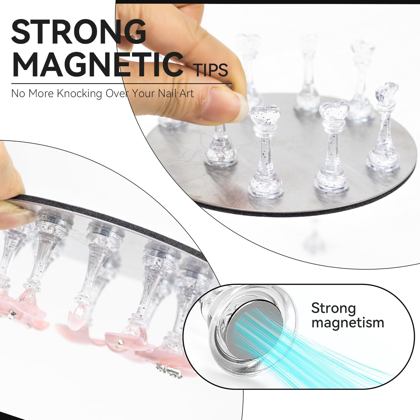 ESUOHYM Nail Stands for Press On Nails Painting Display Practice, Powerful Magnetic Nail Tip Holders for Diy Design, Heart Nail Art Stand with 200 PCS Double-Sided Tapes Home Salon Use (Silver)