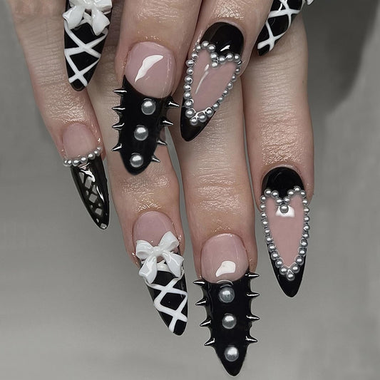 French Tip Press on Nails with Charms Fake Nails Heart with Studs Pearls Designs French Nails Press on Almond Shape Acrylic Nails Rhinestones Nails Cute Bow Stick on Nails for Women Daily Wear