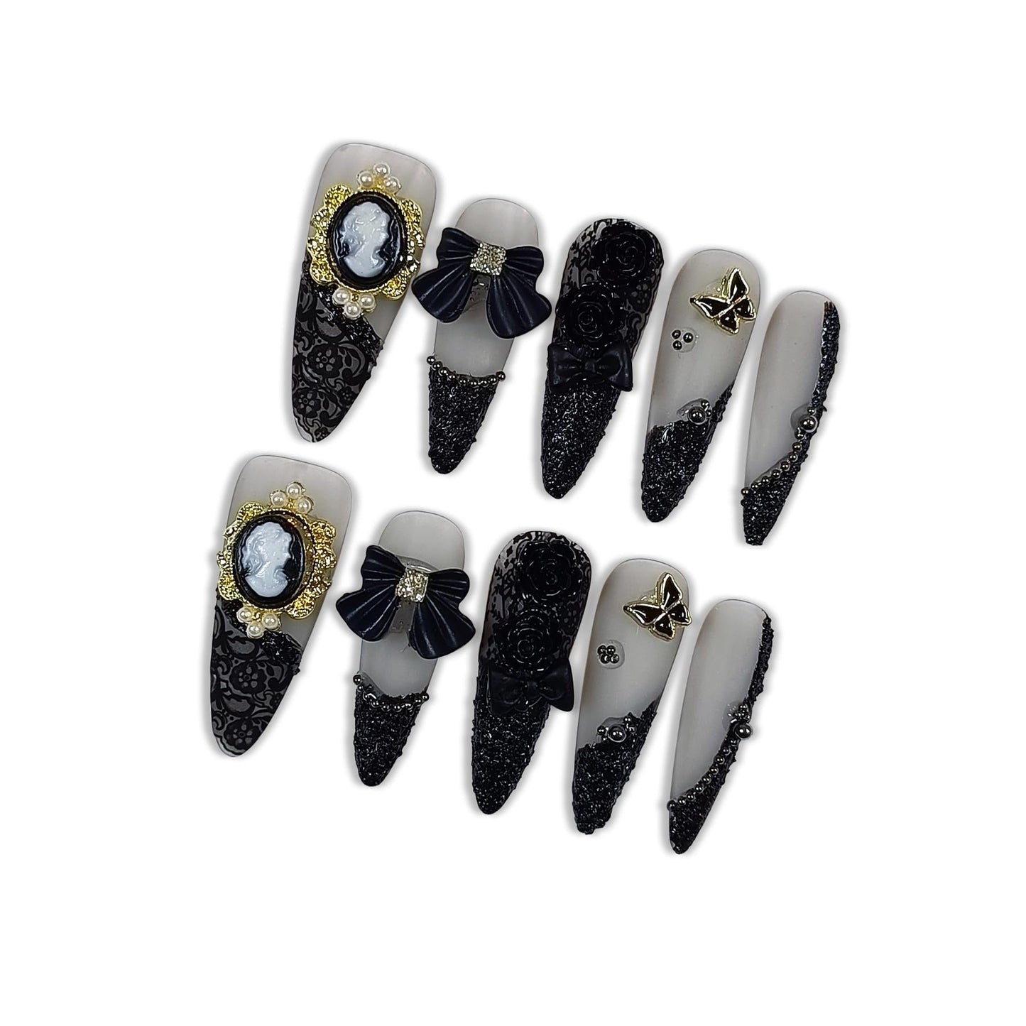 Hantyer Gothic Press on Nails, Long Stiletto Matte Nails, Baroque Cameo & 3D Camellia Design Salon Quality, Reusable Nails with Bow Steel Beads Accents, Dark Princess Style for Women(Size M)
