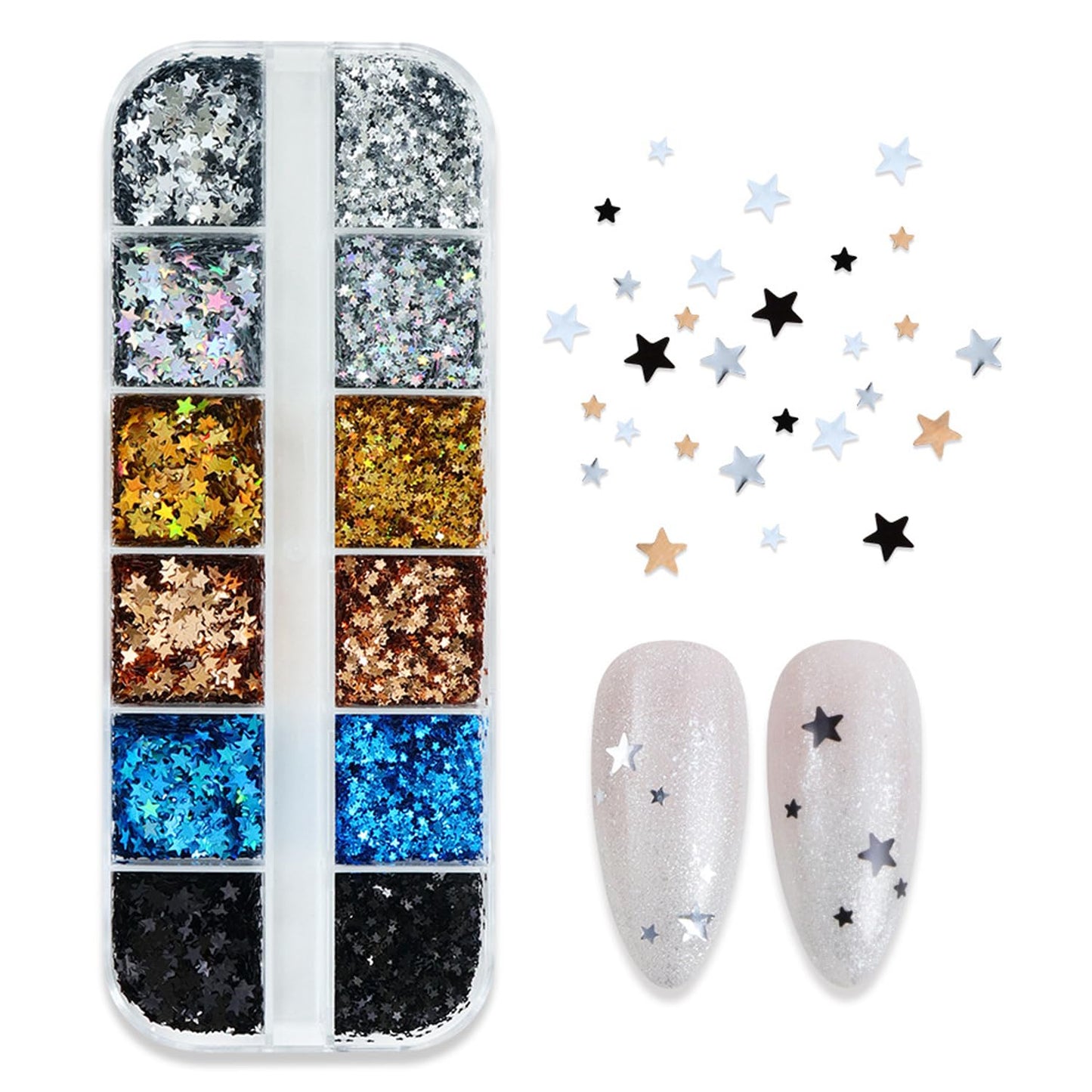 12-Grid Mini Star Holographic Nail Glitter,Mixed Five-Pointed Stars Shaped Nail Sequins Golden Silvery Sparkling Star Nail Design Pentagram Flake Shiny DIY Manicure Accessories for Women